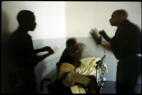 France, Marseilles, June 2002 - Emergency Room in Marseille's Nord Hospital. Policemen making the access to hospital secure. High security. Patient under the influence of narcotics.