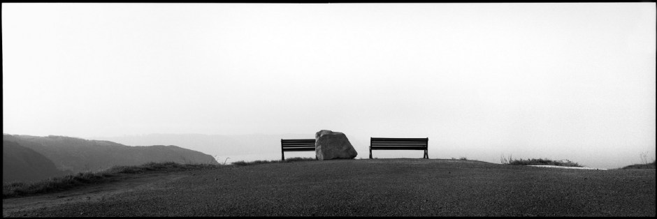France, Brittany, Treveneuc, January 1991 - Two benches on the Trévenneuc cliffs.