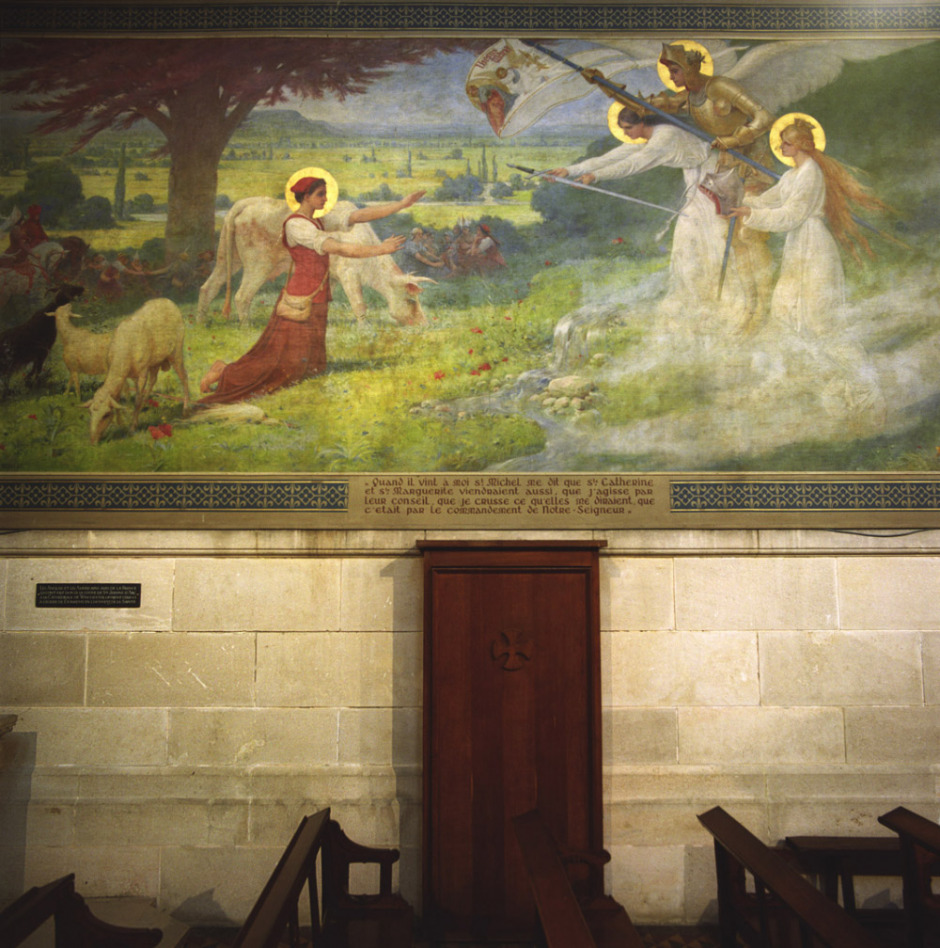France, Domrémy-la-Pucelle, December 2007. Fresco in honnor of jeanne of Arch, in the Bois-chenu basilica, build in the wood wherre Jeanne of Arch would have heard the  Voices.