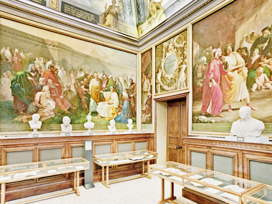 Italy, Parma, January 28th 2011Palatina Library of Parma. Dante room with fresco paintings by Francesco Scaramuzza. The library was founded in the second half of the XVIII Century and was born as public library. It hosts almost 1 million books.Italie, Parme, 28 janvier 2011Bibliothèque Palatine de Parme. La salle Dante avec des fresques de Francesco Scaramuzza. La bibliothèque a été fondée dans la seconde moitié du XVIIIe siècle et fut conçue comme bibliothèque publique. Elle héberge près d'un million de livres.Massimo Siragusa / Agence VU