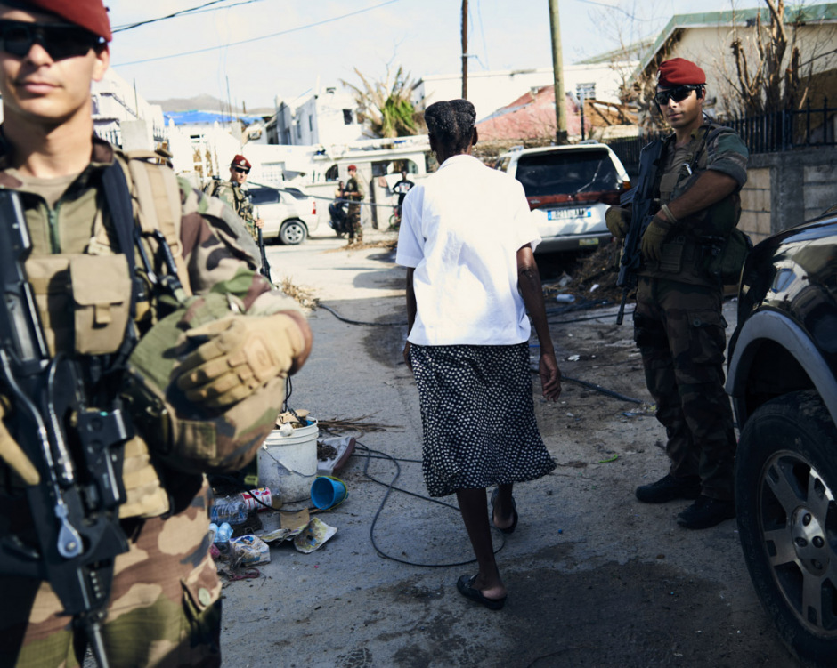Antilles, Saint-Martin, 16 September 2017 - Irma Hurricane. In the Sandy Ground district, the red berets patrolling in the area. Population doesn't like to be stigmatised and ask the militaries to lay down their weapons for helping with the clearance.