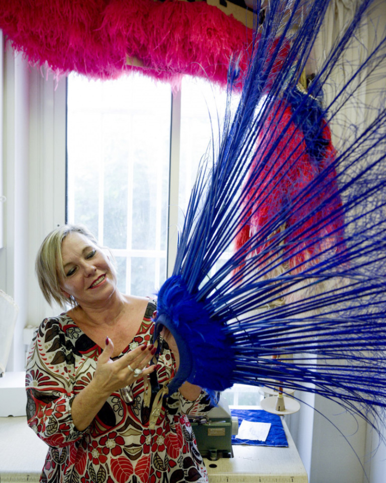 France, Paris, September 24, 2019 - The Lido backstage. Costume workshop. Portrait of the head costume designer, Fabienne Metay.
