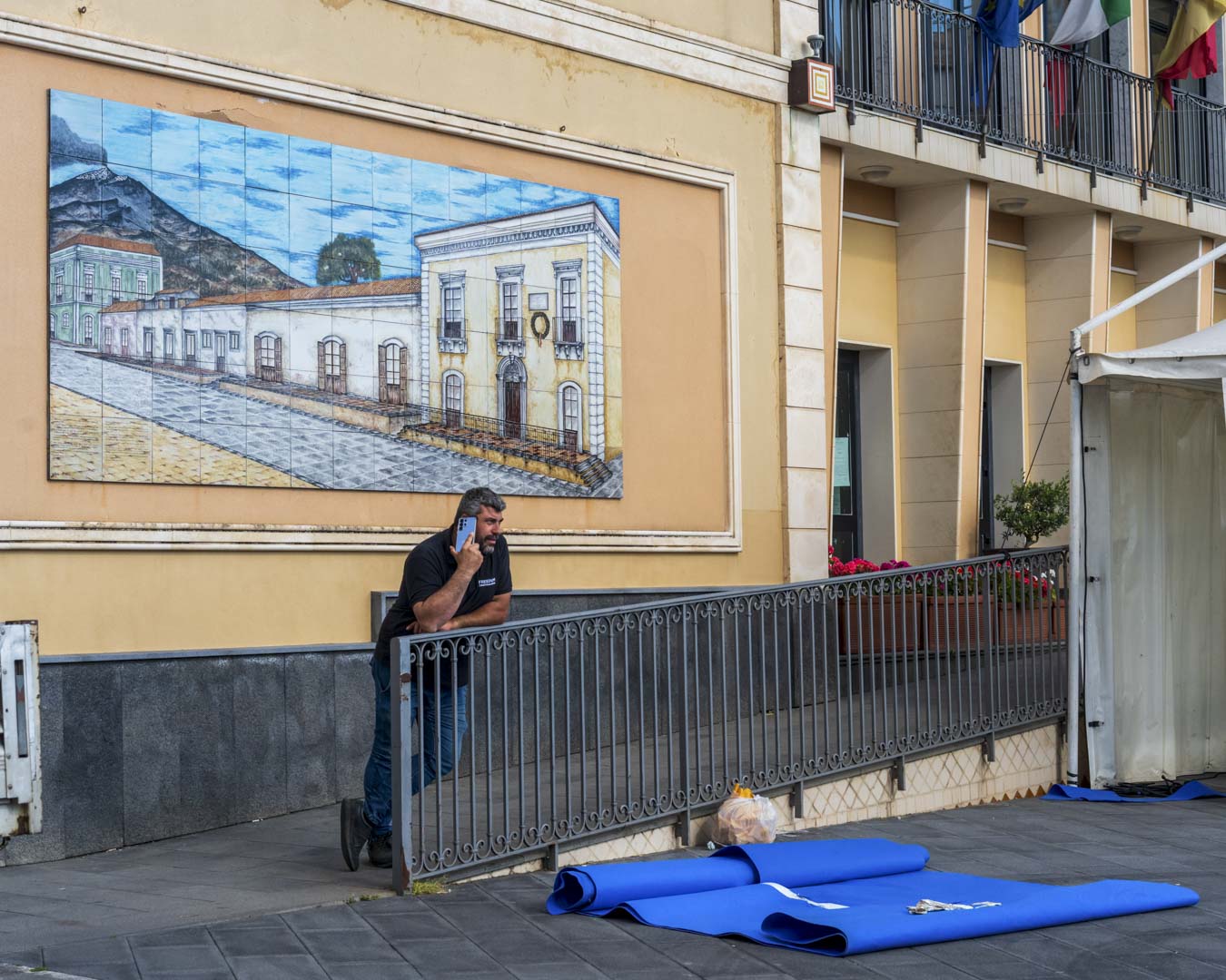 Italy, Sicily, Nicolosi, 28 May 2025 - The fresco on the outer wall of Nicolosi Town Hall