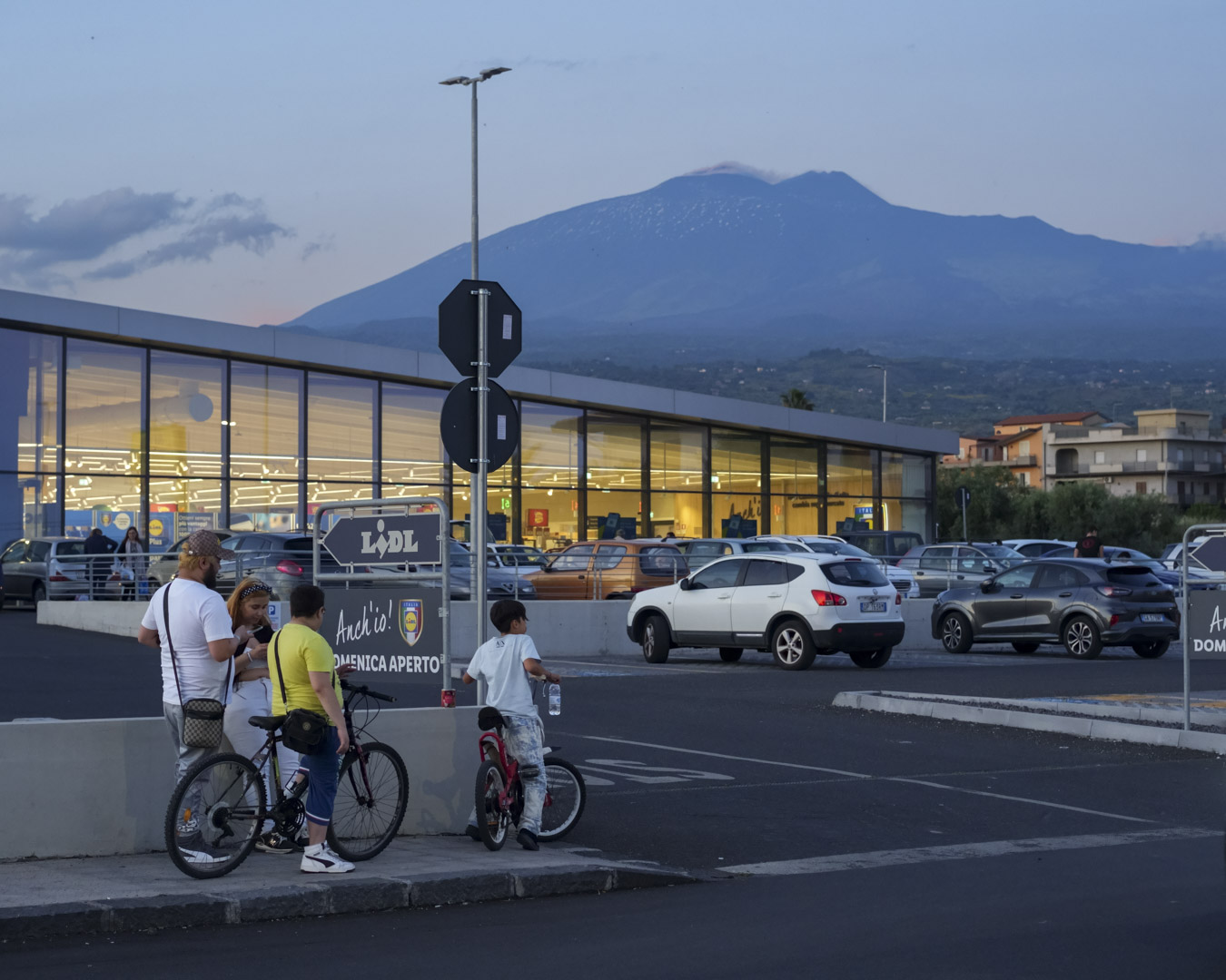 Italy, Sicily, 27 May 2025 - Supermarket in front of Mount Etna